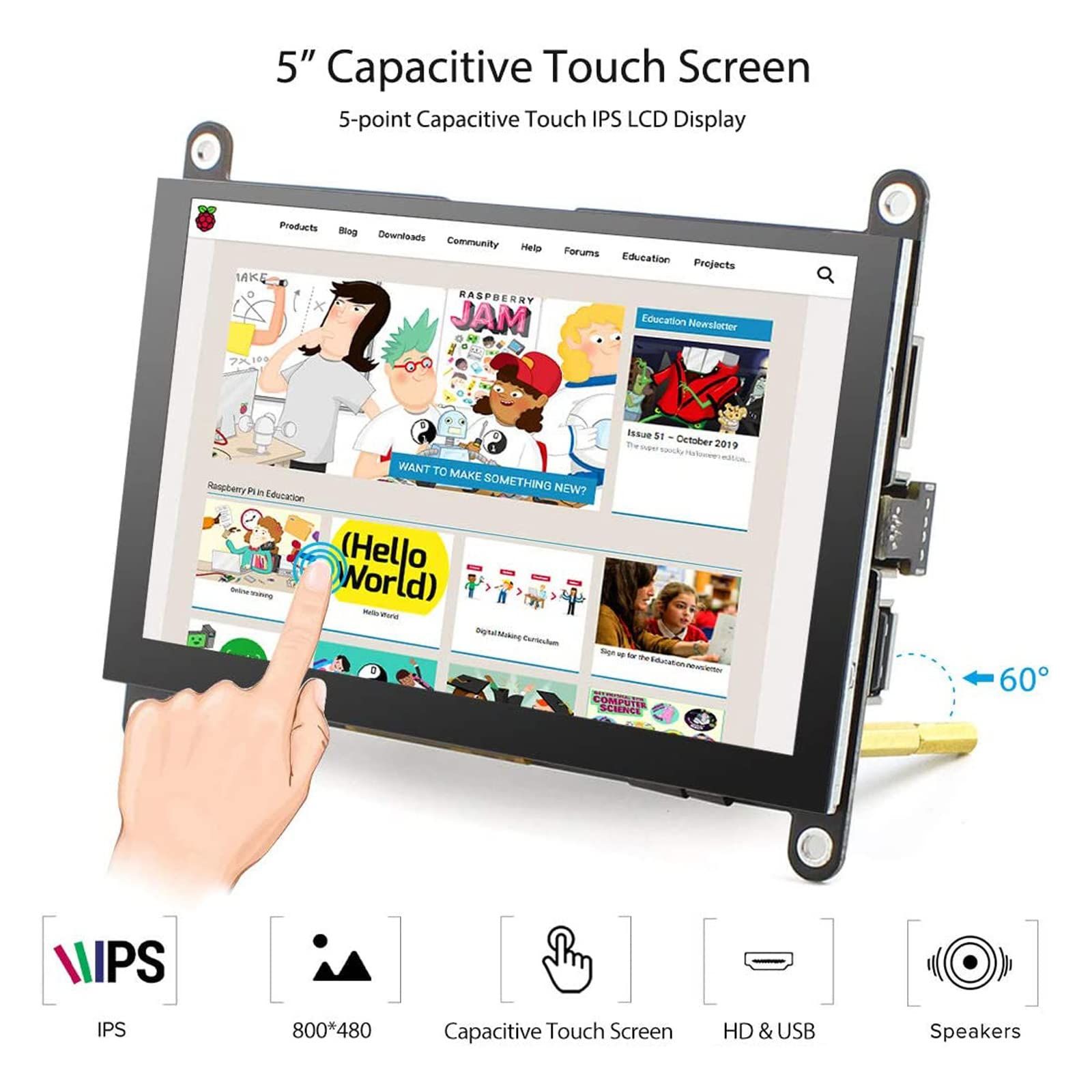 ELECROW 5インチ タッチスクリーンモニター LCDディスプレイ 800 480 HDMI対応 USB給電 スピーカー内蔵 Raspberry Pi 5 4 B 3 Banana BeagleBone Black Windows 10