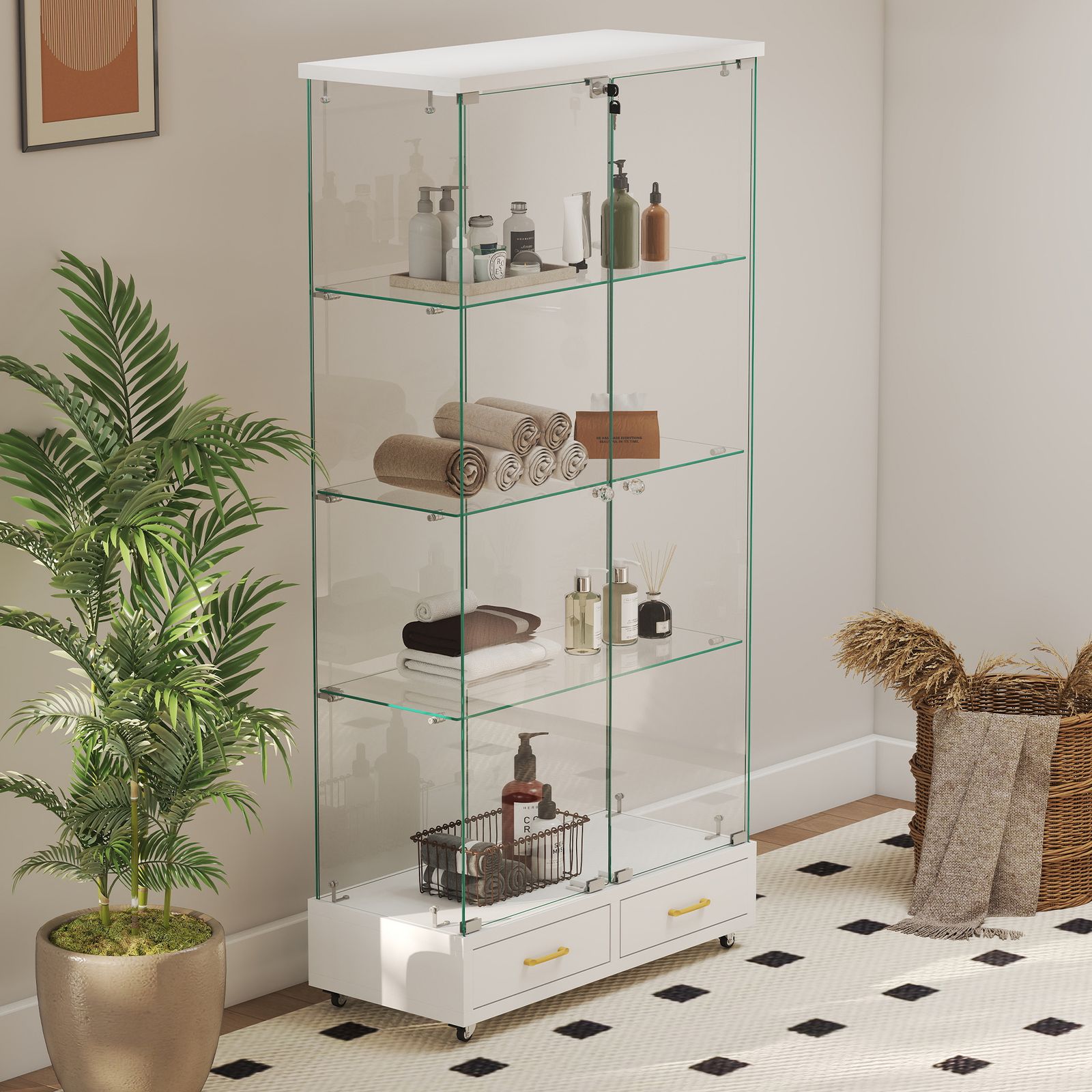 LED照明・引き出し付き ガラス収納キャビネット｜ロック付き強化ガラス