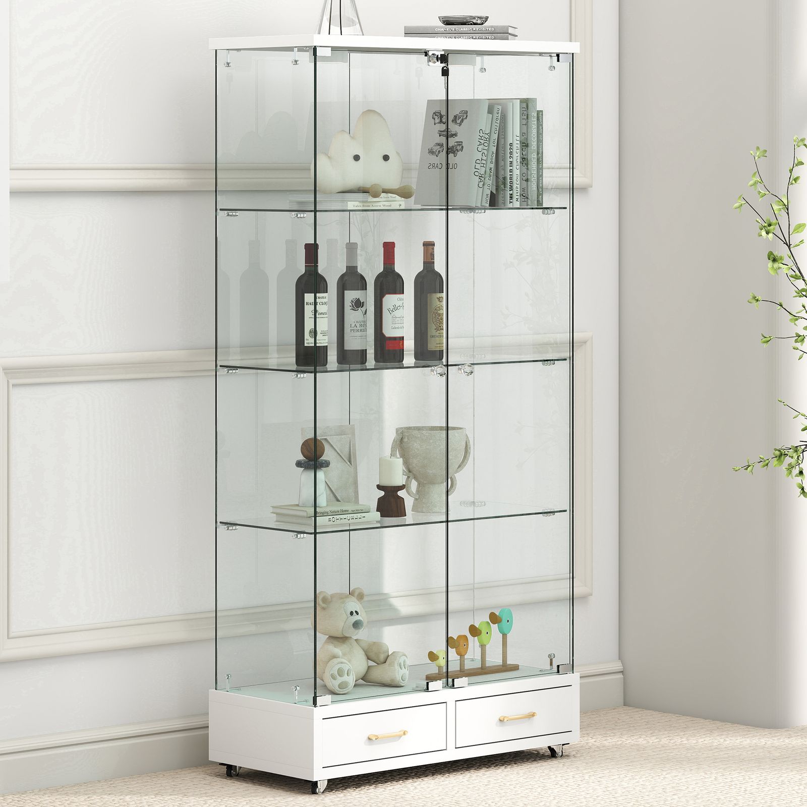 LED照明・引き出し付き ガラス収納キャビネット｜ロック付き強化ガラス