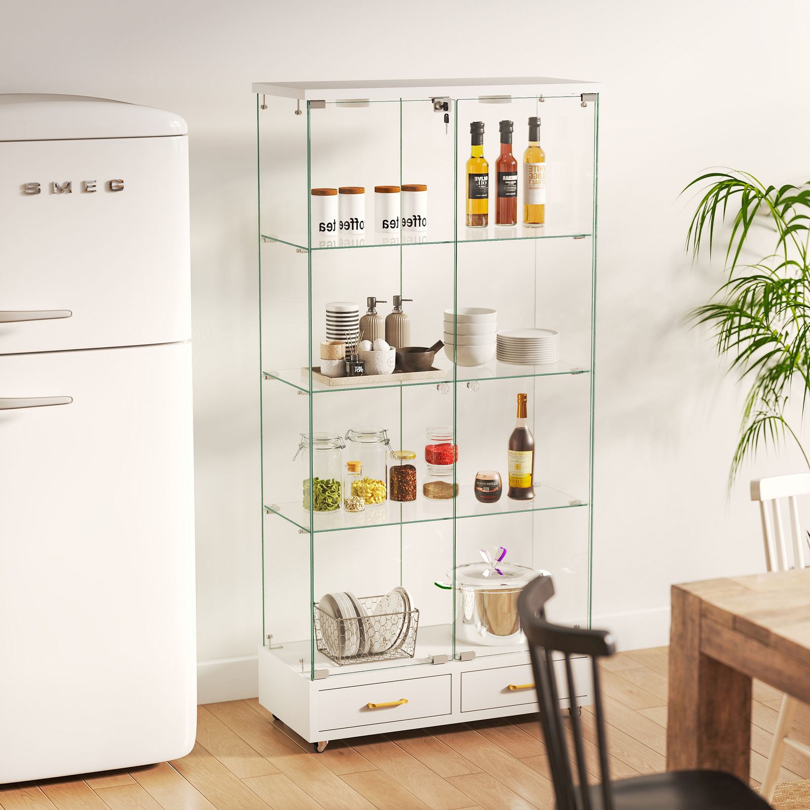 LED照明・引き出し付き ガラス収納キャビネット｜ロック付き強化ガラス