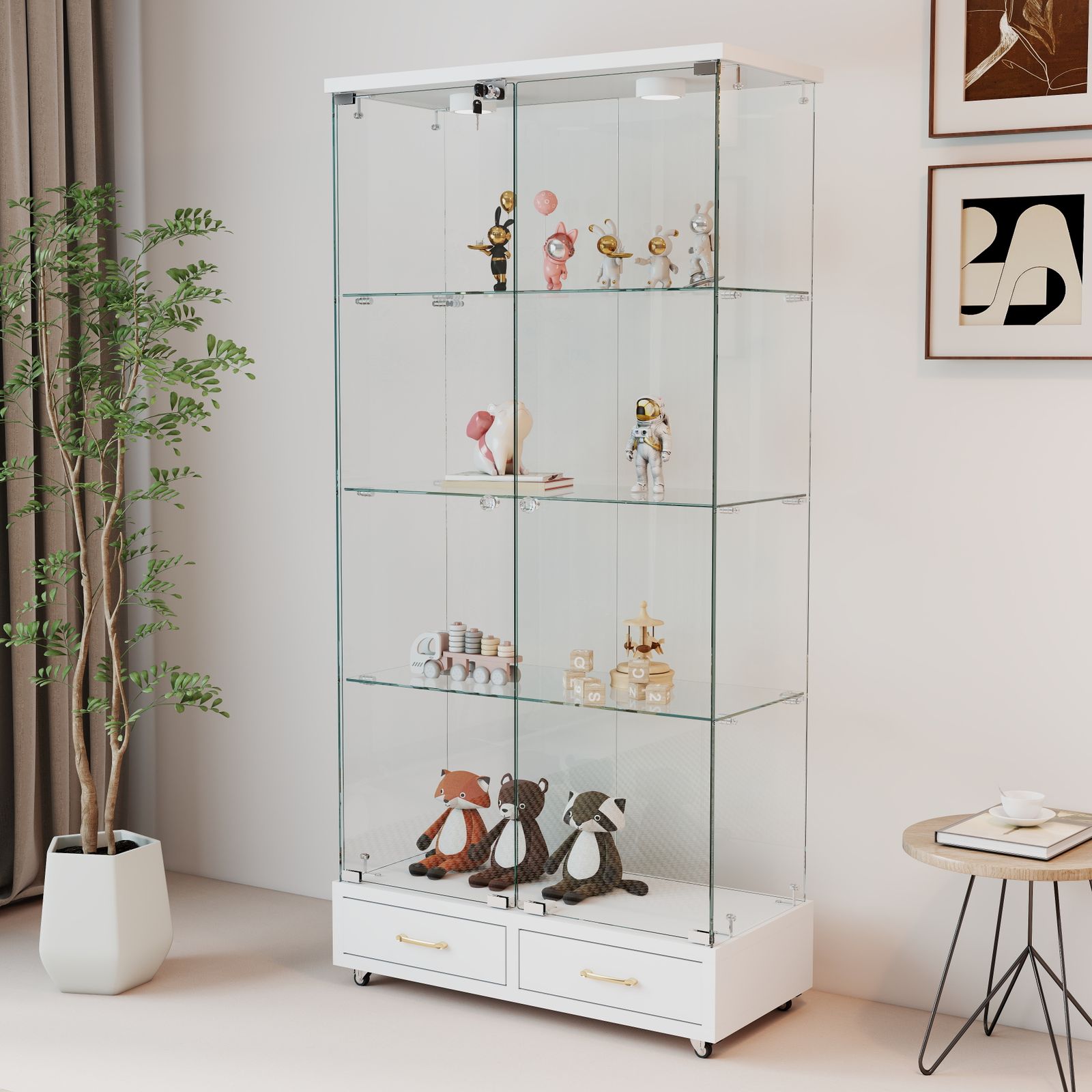 LED照明・引き出し付き ガラス収納キャビネット｜ロック付き強化ガラス