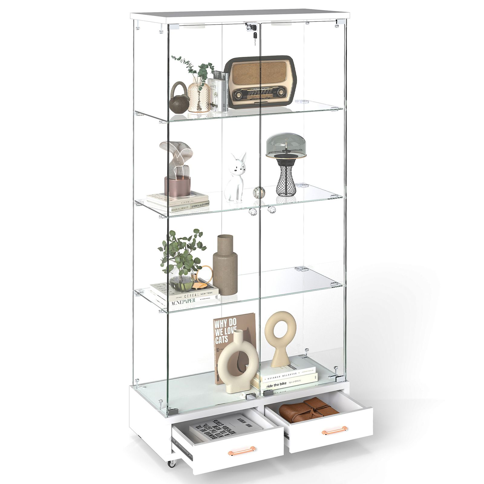 LED照明・引き出し付き ガラス収納キャビネット｜ロック付き強化ガラス