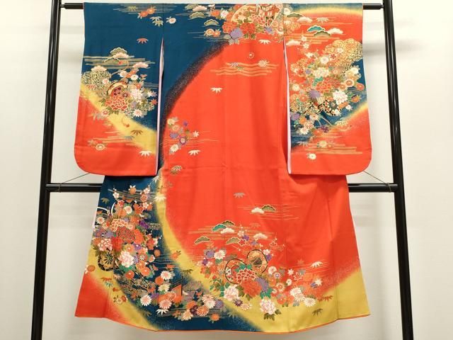 平和屋着物 七五三 女の子 ７歳 祝着 四つ身 長襦袢セット 松竹梅花車文 たたき染め 金彩 ze