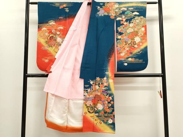 平和屋着物 七五三 女の子 ７歳 祝着 四つ身 長襦袢セット 松竹梅花車文 たたき染め 金彩 ze