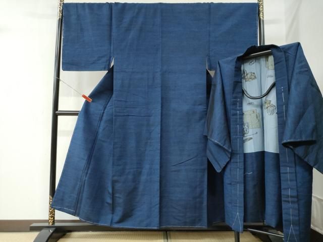 平和屋着物 男性 紬 アンサンブル 色無地 紺青色 正絹 yc