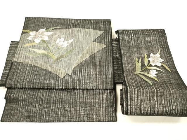 平和屋着物 夏物 つけ帯 草花文 黒地 銀糸 正絹 cm