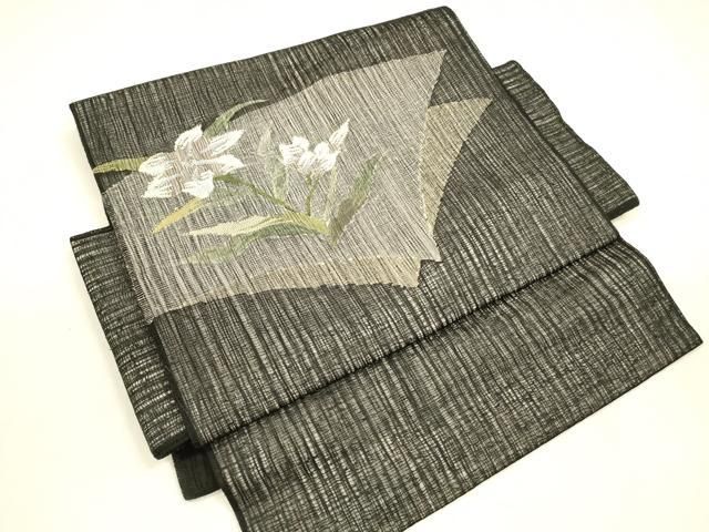 平和屋着物 夏物 つけ帯 草花文 黒地 銀糸 正絹 cm