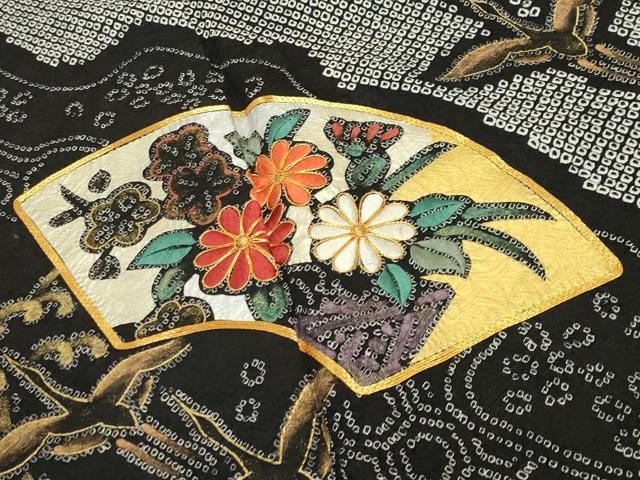  平和屋着物 豪華振袖 長襦袢セット 総絞り 地紙群鶴花文 黒地 金彩 半衿刺繍 正絹 gh 振袖 着物