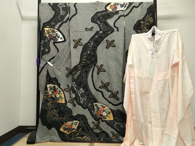 平和屋着物 豪華振袖 長襦袢セット 総絞り 地紙群鶴花文 黒地 金彩 半衿刺繍 正絹 gh