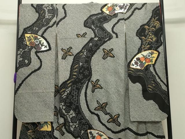 平和屋着物 豪華振袖 長襦袢セット 総絞り 地紙群鶴花文 黒地 金彩 半衿刺繍 正絹 gh