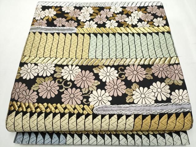 平和屋着物 六通柄袋帯 麗粋唐織 横段舞花文 黒地 金銀糸 正絹 hy