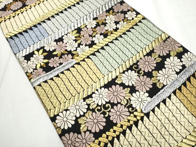 平和屋着物 六通柄袋帯 麗粋唐織 横段舞花文 黒地 金銀糸 正絹 hy