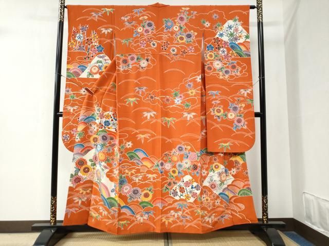 平和屋着物 豪華振袖 型染め 竜田川笹梅花文 鬼しぼ縮緬 正絹 yc