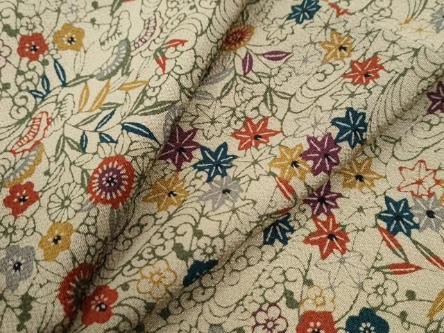 平和屋着物 上質な小紋 型染め 竜田川松梅文 鬼しぼ縮緬 正絹 yc