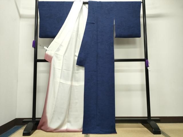 平和屋着物○上質な小紋 藍 型染め 籬草花文 鬼しぼ縮緬 ロング丈 正絹