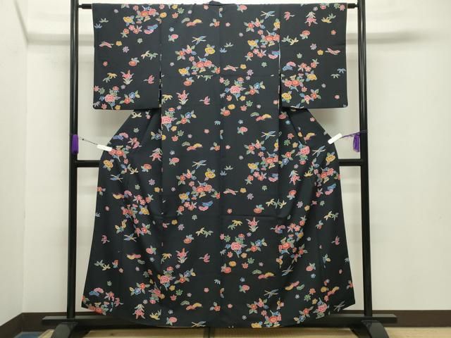 平和屋着物 上質な小紋 型染め 飛鶴松竹梅文 黒地 正絹 gh