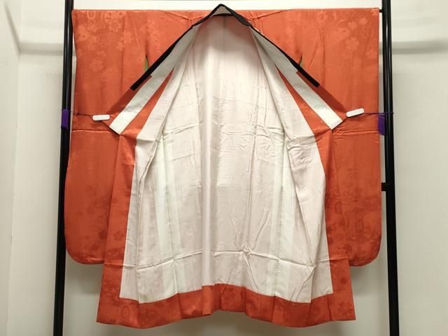 平和屋着物 振袖用長襦袢 袷 御所車舞桜地紋 照柿色 半衿刺繍 正絹 gh