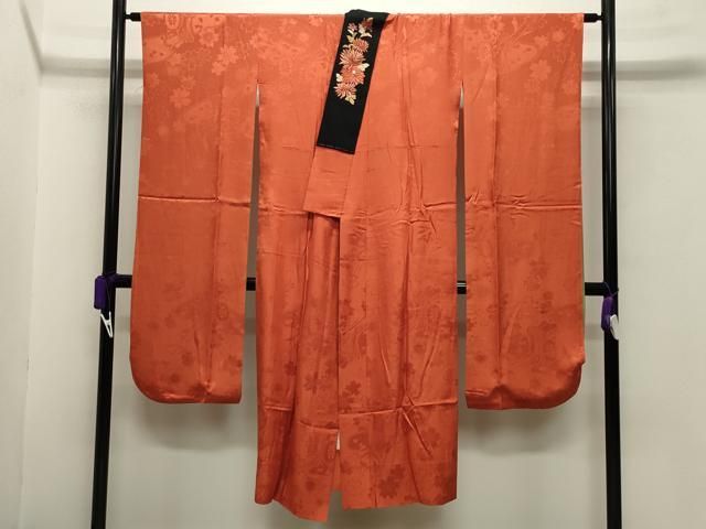 平和屋着物 振袖用長襦袢 袷 御所車舞桜地紋 照柿色 半衿刺繍 正絹 gh