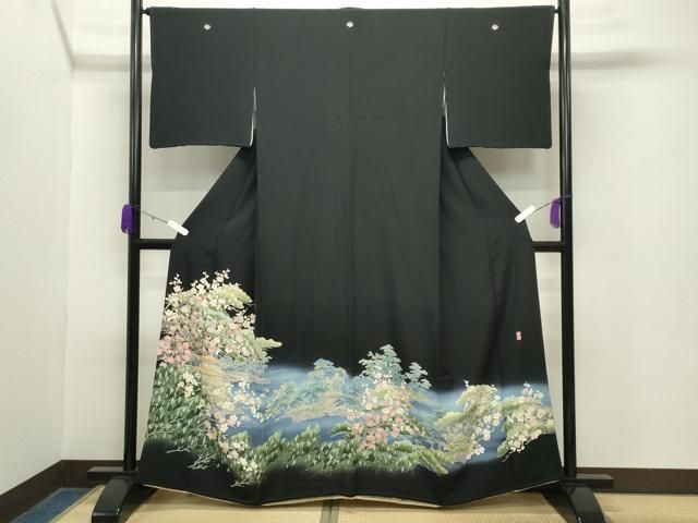 平和屋着物 十日町友禅作家 岡村蒼風 黒留袖 風景松梅文 暈し染め 正絹 gh