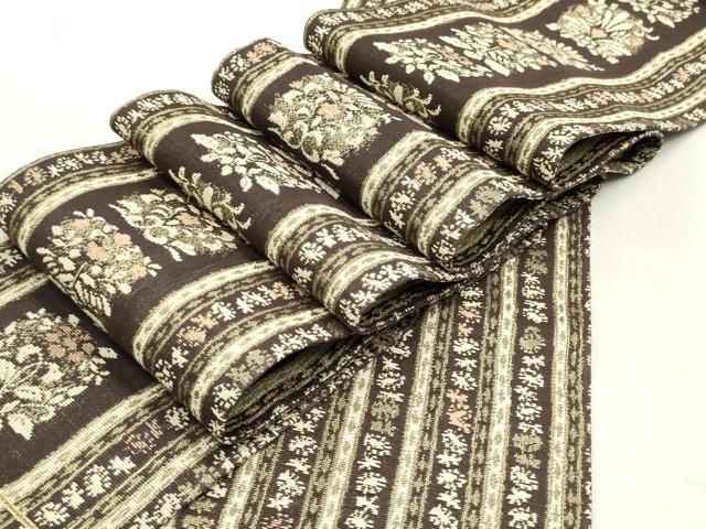 平和屋着物 両面 半幅帯 更紗花唐草間道 金糸 正絹 ob