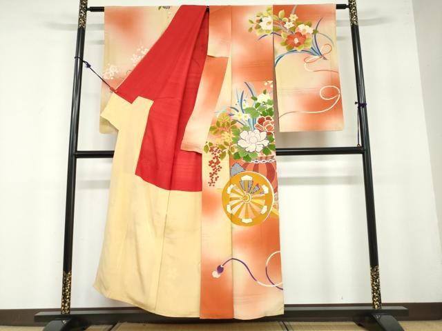 平和屋着物 アンティーク 大正ロマン 訪問着 駒刺繍 花車文 暈し染め 正絹 ud