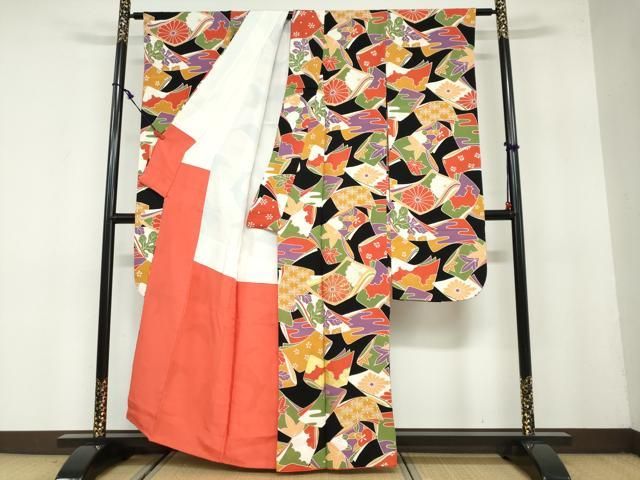 平和屋着物 豪華振袖 誰が袖草花文 黒地 金彩 正絹 ud