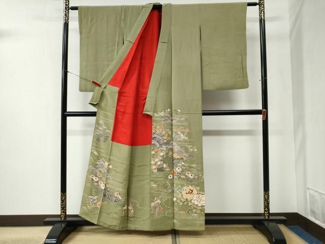 平和屋着物 アンティーク 大正ロマン 色留袖 刺繍 松竹梅風景文 金糸 正絹 yc