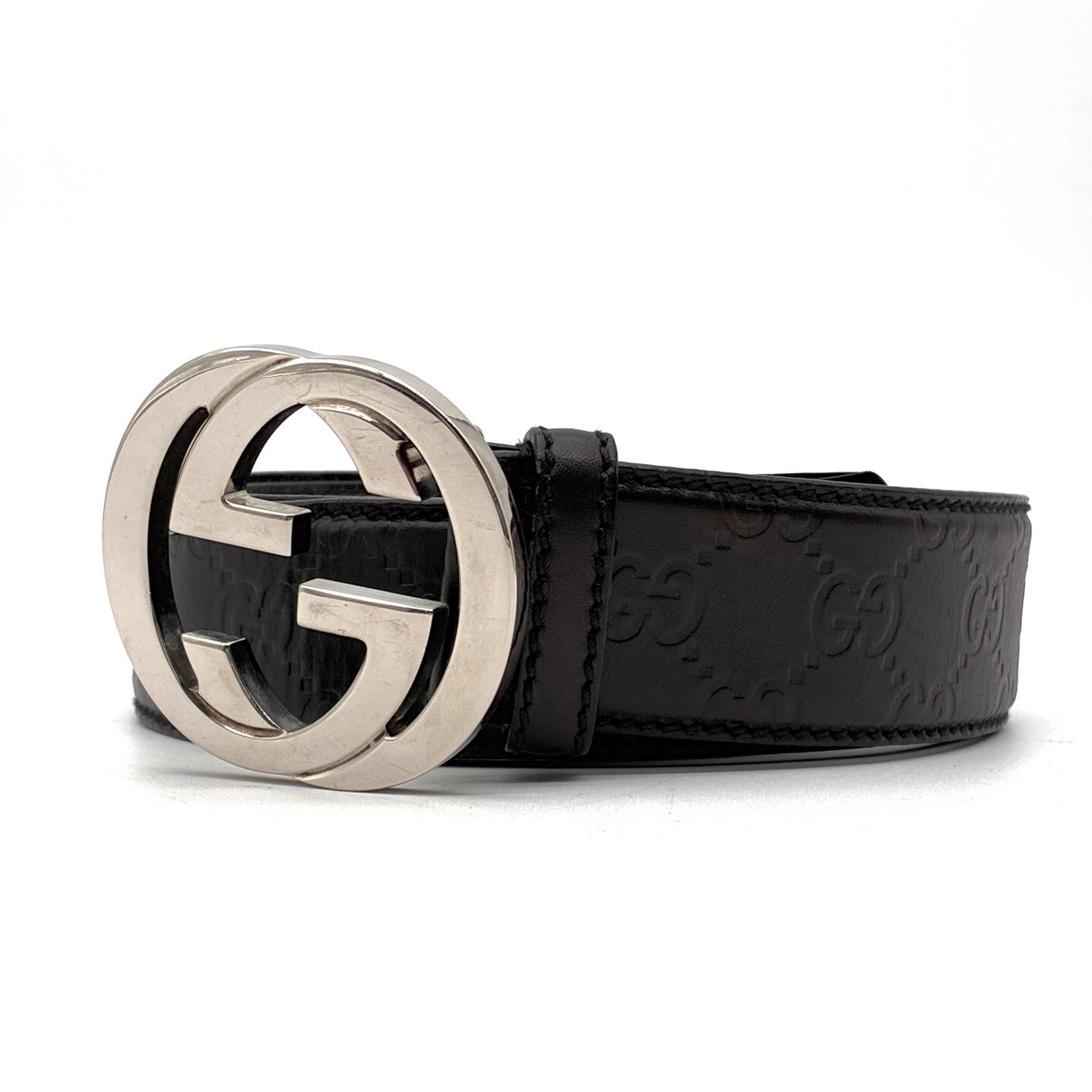 【美品】グッチ インターロッキング シマ ベルト シルバー ブラック イタリア製 GG グッチ GUCCI インターロッキング G シマ レザー シルバー金具