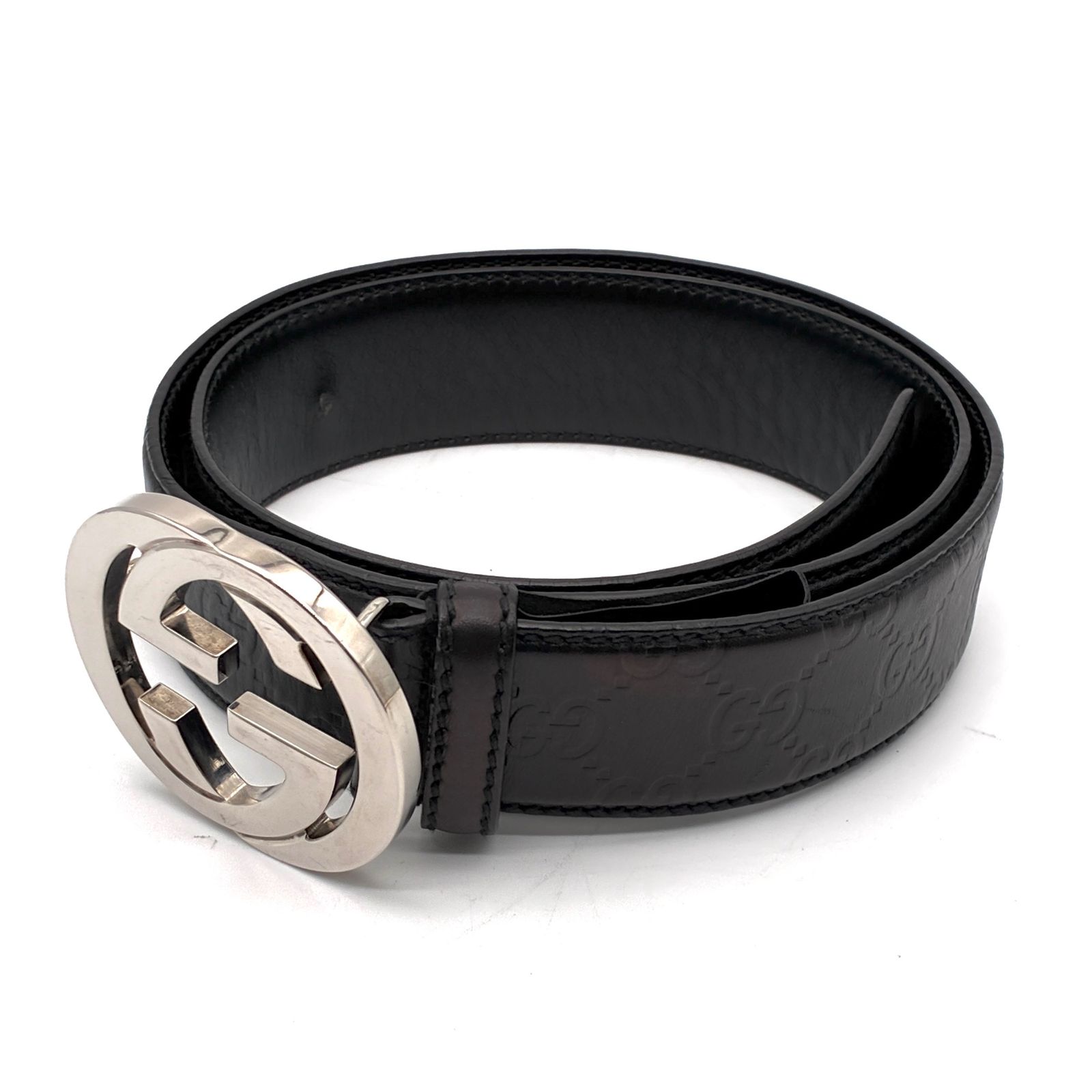 美品 GUCCI グッチ ベルト インターロッキング GG シマレザー ロゴ