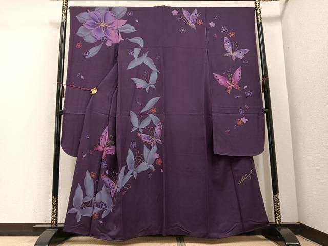 平和屋着物 画家 鶴田一郎 振袖 花蝶文 金彩 正絹 ph