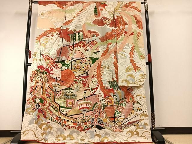 平和屋着物 セミアンティーク 振袖 駒刺繍 南蛮船 鳳凰 金銀彩 正絹 fy