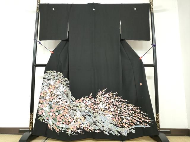 平和屋着物 豪華黒留袖 友禅 作家物 流水飛鶴草花文 正絹 ud