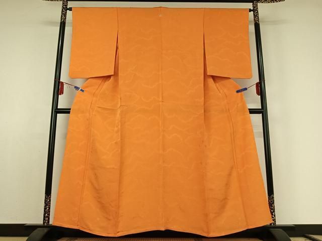 平和屋着物 上質な色無地 単衣 雲取り花地紋 蜜柑色 正絹 jh