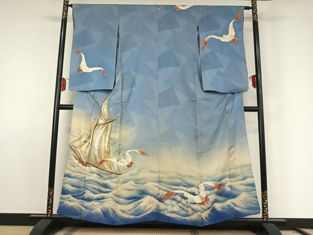 平和屋着物 アンティーク 大正ロマン 訪問着 単衣 手描き 刺繍 立波飛鳥文 船 暈し染め 金彩 金銀糸 正絹 jh