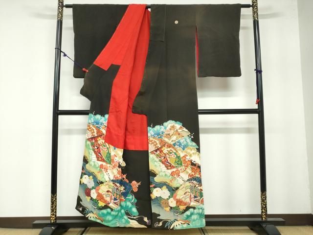 平和屋着物 アンティーク 大正ロマン 黒留袖 駒刺繍 扇面御所車草花文 金彩 正絹 ud