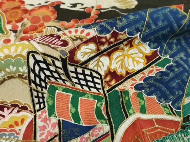  平和屋着物 アンティーク 大正ロマン 黒留袖 駒刺繍 扇面御所車草花文 金彩 正絹 ud その他 着物 浴衣