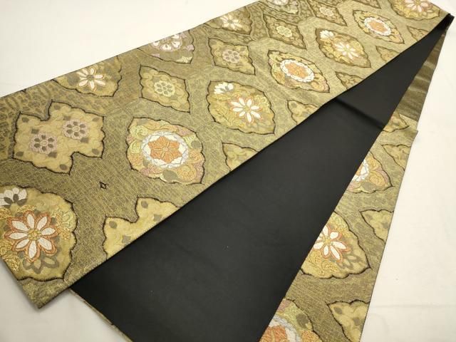 平和屋着物▽西陣 高島織物謹製 六通柄袋帯 花菱文 青銅箔 黒地 金銀糸