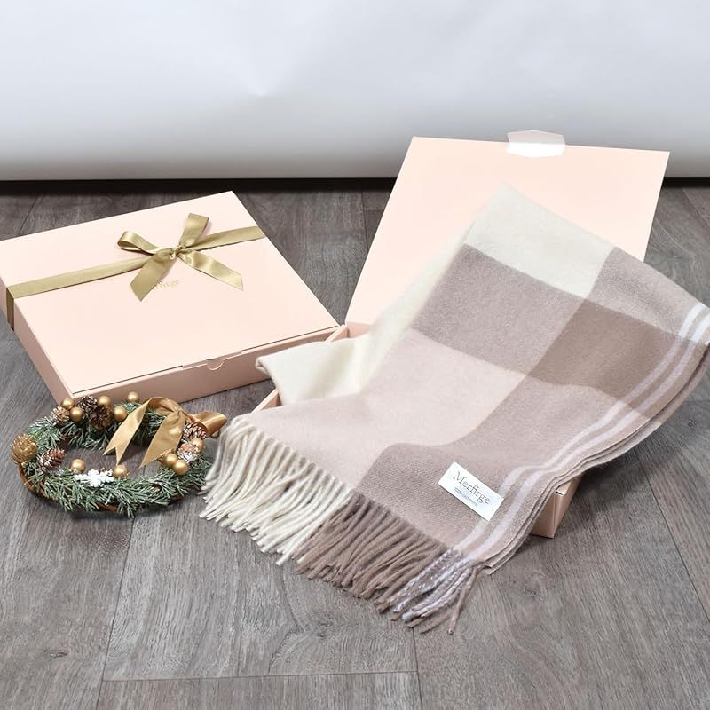  彡 Ｍｅｒｆｉｒｇｅ カシミヤ100％ ストール ラッピング済 ギフトボックス付 チェック柄 大判 厚手 CS 1066 35.モカブロック 0 ストール 小物