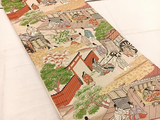 平和屋着物◎六通柄袋帯 唐織 人物風景文 金糸 正絹 逸品 BAAW1183mz