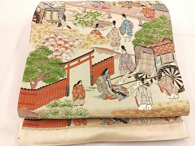 平和屋着物◎六通柄袋帯 唐織 人物風景文 金糸 正絹 逸品 BAAW1183mz