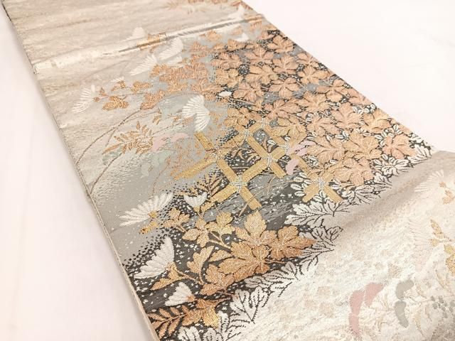 平和屋着物◎六通柄袋帯 唐織 流水秋草文 金銀糸 正絹 逸品 BAAV7498yc