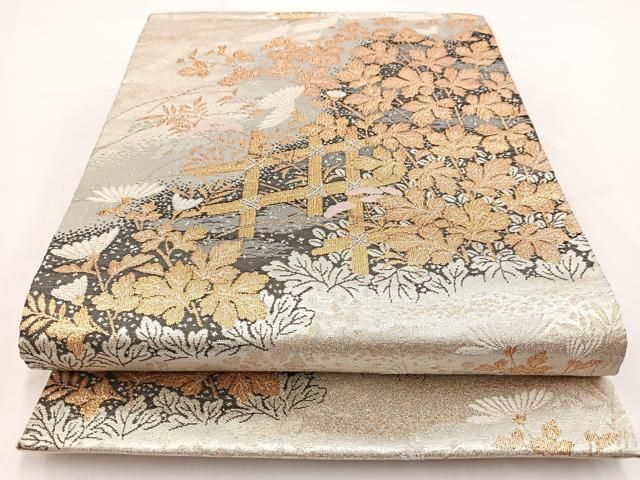 平和屋着物◎六通柄袋帯 唐織 流水秋草文 金銀糸 正絹 逸品 BAAV7498yc