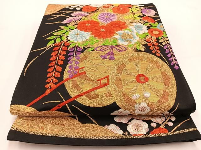 平和屋着物◎六通柄袋帯 唐織 花車文 黒地 金銀糸 正絹 逸品