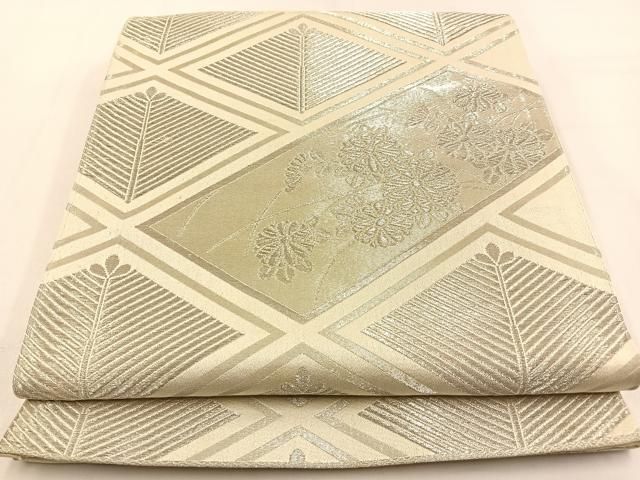 平和屋着物◎六通柄袋帯 菱松葉菊文 銀糸 正絹 逸品 未使用 BAAW0160hj