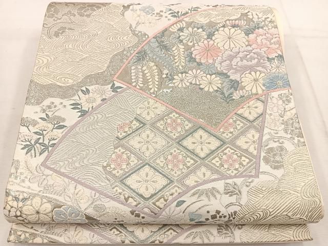 平和屋着物◎六通柄袋帯 唐織 九百錦 地紙重ね花文 プラチナ箔 正絹