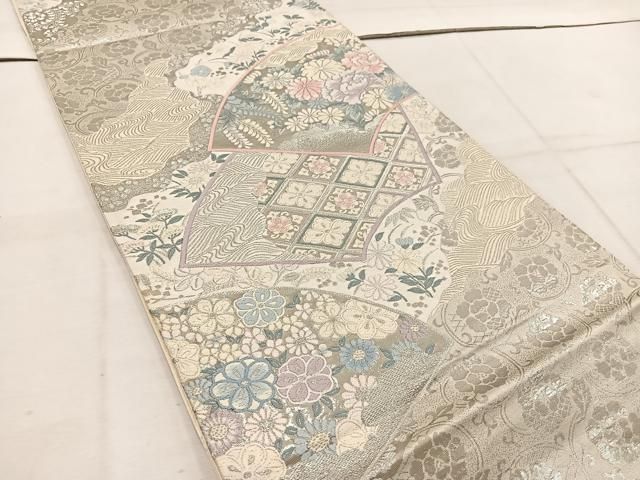 平和屋着物◎六通柄袋帯 唐織 九百錦 地紙重ね花文 プラチナ箔 正絹
