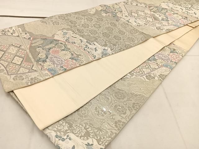 a923 正絹 プラチナ二重箔 九百錦 六通袋帯 着物 平和屋着物◎六通柄袋帯 九百錦織 風景花文 プラチナ二