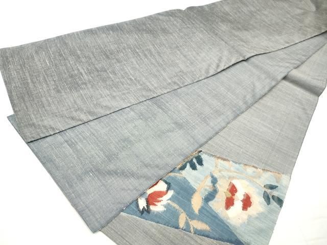 平和屋着物◎太鼓柄袋帯 紬地 すくい織 切嵌更紗花文 正絹 逸品
