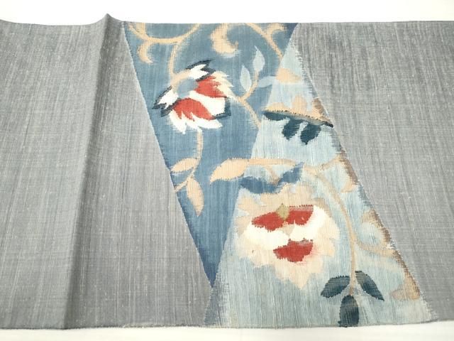 平和屋着物◎太鼓柄袋帯 紬地 すくい織 切嵌更紗花文 正絹 逸品