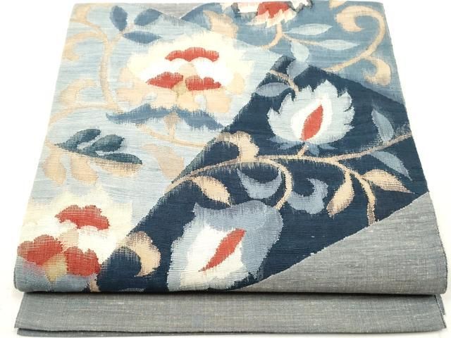 平和屋着物◎太鼓柄袋帯 紬地 すくい織 切嵌更紗花文 正絹 逸品